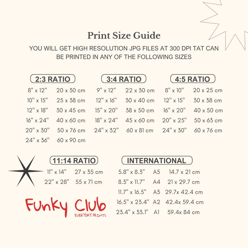 Puede incluir: Gu&iacute;a de tama&ntilde;os de impresi&oacute;n con dimensiones en cm. Incluye tama&ntilde;os como 20x30 cm, 25x38 cm y 30x45 cm. Tambi&eacute;n se indican formatos internacionales como A5 (14,7x21 cm) y A4 (21x29,7 cm). El logotipo de Funky Club est&aacute; en la parte inferior.