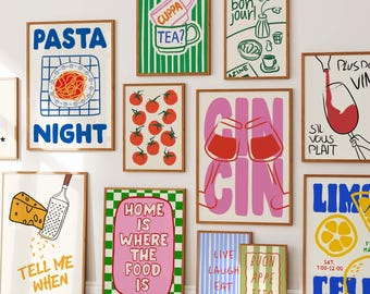 Kitchen Gallery Wall Set of 15 Prints, Trendy Food & Drinks Digital Art, Colorful Apartment Wall Art, Dining Room Decor, Maximalist Prints