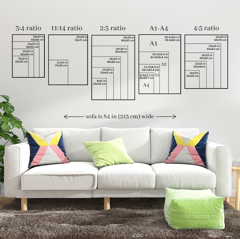 May include: A diagram showing different aspect ratios for artwork, including 3:4, 11:14, 2:3, A1-A4, and 4:5. The diagram includes measurements in inches and centimeters. The text "sofa is 84 in (213 cm) wide" is written below the diagram.