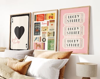 Set Of 3 Trendy Prints, Feeling Lucky, Retro Matchbook Wall Art, Lucky Strike Ticket Print, Retro Home Wall Art, Aesthetic Preppy Home Decor