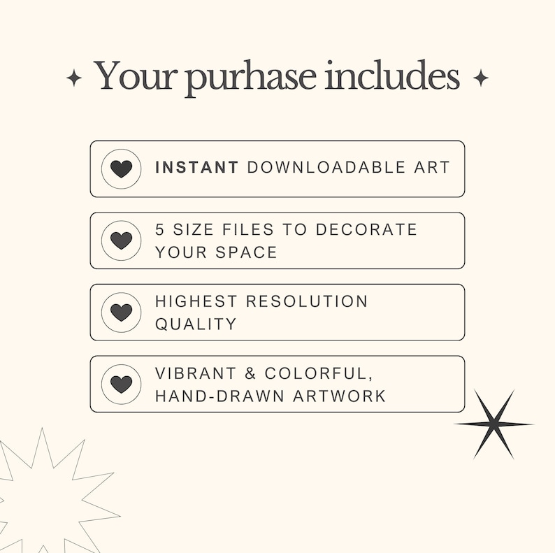 Puede incluir: Un gr&aacute;fico con el texto "Your purchase includes" y cuatro botones con corazones. Los botones enumeran lo siguiente: Arte descargable instant&aacute;neo, 5 archivos de diferentes tama&ntilde;os para decorar tu espacio, Calidad de resoluci&oacute;n m&aacute;s alta, Vibrante y colorido, obra de arte dibujada a mano.