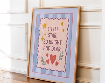 Little Star Nursery Wall Art, Celestial Baby Room Print, Blue Striped Kids Poster, Sweet Positive Playroom Art, Gender Neutral Decor