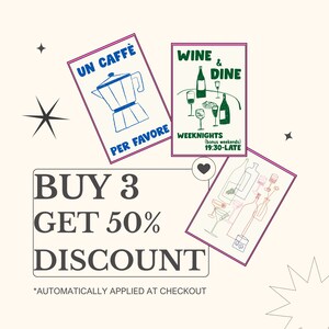May include: Buy 3 get 50% off discount. Three illustrated cards with pink borders. The first card says "Un Caffe Per Favore" and features a coffee pot. The second card says "Wine & Dine" and features a table with wine glasses and bottles. The third card says "Weeknights (bonus weekends) 19:30-Late" and features a martini glass, wine glasses, and bottles.