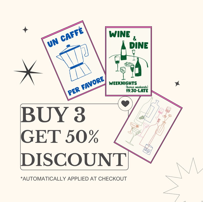 May include: Buy 3 get 50% off discount. Three illustrated cards with pink borders. The first card says "Un Caffe Per Favore" and features a coffee pot. The second card says "Wine & Dine" and features a table with wine glasses and bottles. The third card says "Weeknights (bonus weekends) 19:30-Late" and features a martini glass, wine glasses, and bottles.
