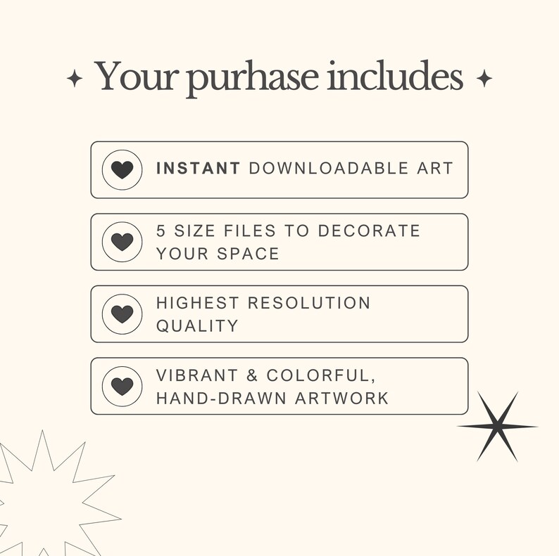 May include: A graphic with a white background and black text that says "Your purchase includes:" with four buttons below. Each button has a heart icon and text that says "Instant downloadable art", "5 size files to decorate your space", "Highest resolution quality", and "Vibrant & colorful, hand-drawn artwork".