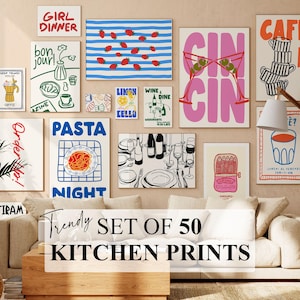 Retro Gallery Wall Set of 50, Trendy Kitchen Food & Drinks Prints, Colorful Apartment Wall Art, Dining Room Decor, Maximalist Prints DIGITAL