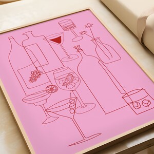 May include: A pink background with a red line drawing of various glasses and bottles. The drawing includes a martini glass, a wine glass, a cocktail glass, a bottle of wine, and a bottle of liquor.