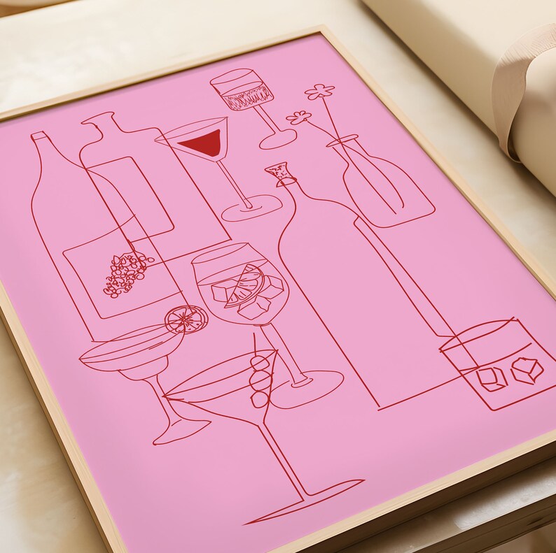 May include: A pink background with a red line drawing of various glasses and bottles. The drawing includes a martini glass, a wine glass, a cocktail glass, a bottle of wine, and a bottle of liquor.