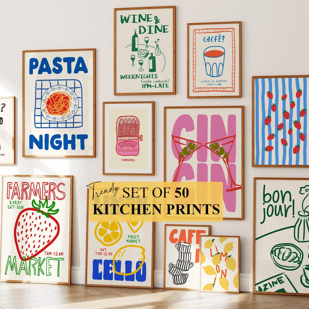 mega retro kitchen gallery wall art set of 90,... Retro Gallery Wall Set of 50, Trendy Kitchen Food & Drinks Prints ...