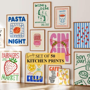Retro Gallery Wall Set of 50, Trendy Kitchen Food & Drinks Prints, Colorful Apartment Wall Art, Dining Room Decor, Maximalist Prints DIGITAL