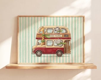 Safari Nursery Wall Art Print, Giraffe Zebra Rhino Bus Decor, Jungle Animal Nursery Art, Baby Room Decor, Woodland Safari Kids Wall Art