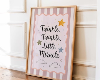 Goodnight Nursery Wall Art, Celestial Baby Room Print, Pink Striped Star Poster, Whimsical Kids Art, Gender Neutral Playroom Decor