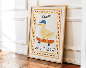 Goose On The Loose Print, Skateboarding Duck Print, Nursery Decor, Child Room Wall Art, Boho Playroom Art, Quirky Retro DIGITAL Cottage Core