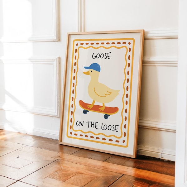 Goose On The Loose Print, Skateboarding Duck Print, Nursery Decor, Child Room Wall Art, Boho Playroom Art, Quirky Retro DIGITAL Cottage Core