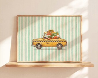 Fox Taxi Nursery Wall Art Print, Vintage Yellow Car Baby Room Decor, Woodland Animal Nursery Art, Digital