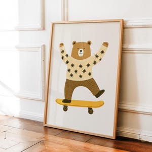 Bear Skateboarding Print, Nursery Decor, Cottage Core Art, Child Room Wall Art, Boho Playroom Art, Whimsical Cute Nursery Print, DIGITAL