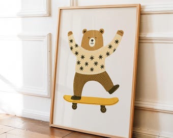 Bear Skateboarding Print, Nursery Decor, Cottage Core Art, Child Room Wall Art, Boho Playroom Art, Whimsical Cute Nursery Print, DIGITAL