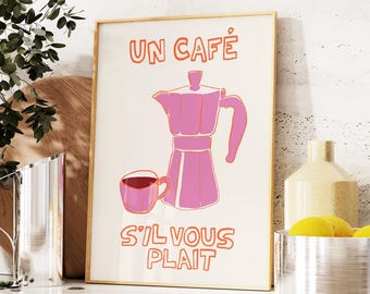 Un Caffe Kitchen Print, Retro Coffee Poster, Pink Coffee Bar Wall Art, Italian Moka Pot Print, Aesthetic Apartment Decor, Hand Drawn Art