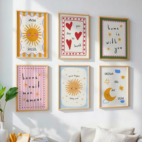 Set of 6 Nursery Prints, Colorful Kids Room Prints, Cute Playroom Wall Art, Boho Room Decor, Inspirational Positive Illustrations, DIGITAL