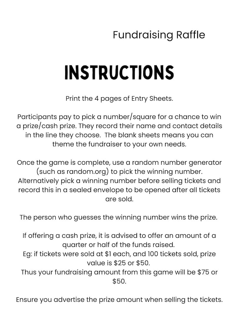 Sample Raffle Directions Blank Fundraising Raffle Sweepstakes Game - Entry Sheets and ...
