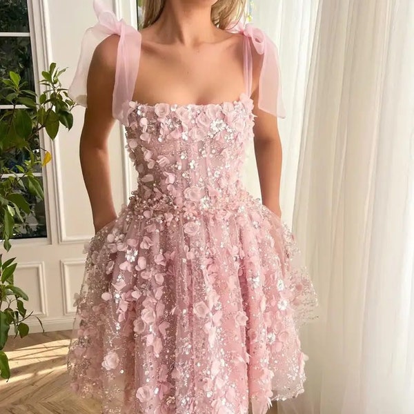 Pink Floral Lace Mini Prom Dress | Embroidered Short Flower Dress | Evening Party Gown | Elegant Dress | Wedding Guest Outfit | Formal Event