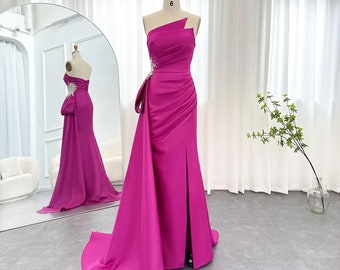 Luxury Fuchsia Satin Gala Gown | Elegant Evening Dress | Prom Elegance | Strapless A-Line Luxury Evening Dress | Formal Long Gown | Wedding