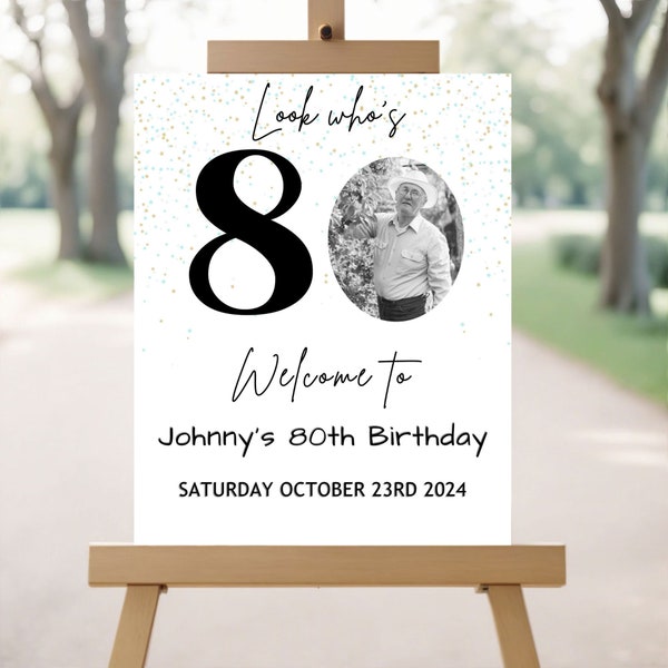 80th Birthday Party Welcome Sign Editable Look Who's 80 Birthday Poster Minimalistic Modern 80th Birthday Welcome Sign with Photo Printable