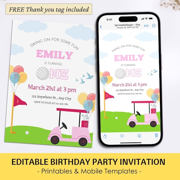 Golf First Birthday Invitation, Editable Golf  1st Birthday Party Template, Girl Birthday Par-tee Template, Instant Digital Download