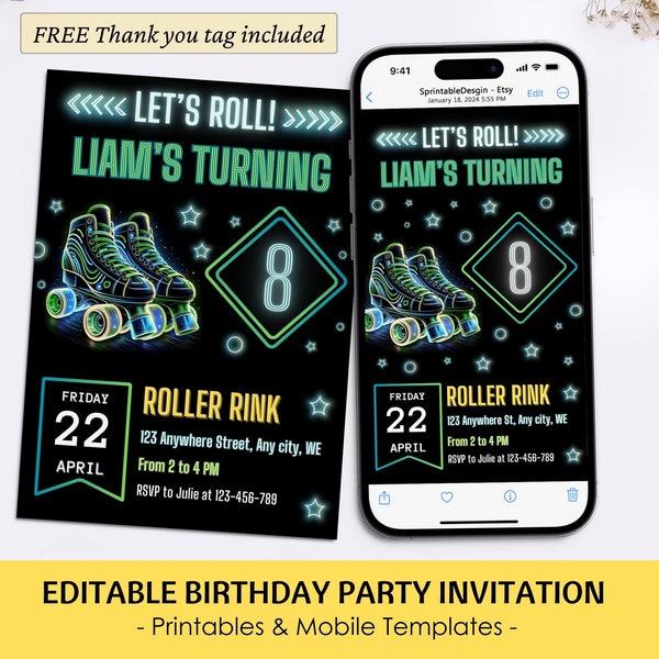 Roller Skating Birthday Invitation Boys Skate Party Invite Editable Roller Skate Birthday Template Digital Neon Glow Party Invite Download