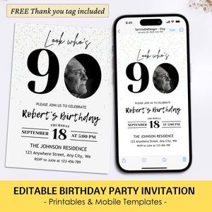 90. Geburtstagseinladung für Männer Bearbeitbare männlich 90er Geburtstagsvorlage Digitale 90er Party einladen Druckbare 90er Geburtstagskarte mit Foto