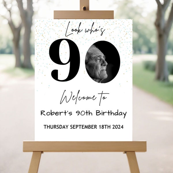 90th Birthday Party Welcome Sign Editable Look Who's 90 Birthday Poster Minimalistic Modern 90th Birthday Welcome Sign with Photo Printable