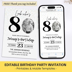 Faire-part 80e anniversaire pour homme Modèle 80e anniversaire masculin modifiable Invitation numérique 80e anniversaire Carte 80e anniversaire imprimable avec photo