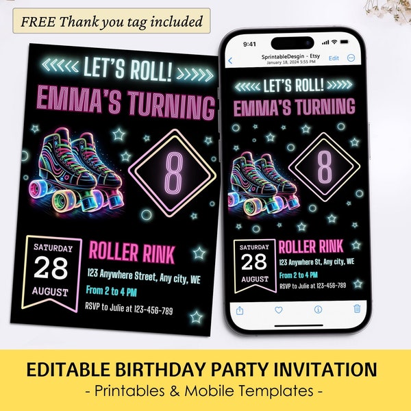 Roller Skating Birthday Invitation Girls Skate Party Invite Editable Roller Skate Birthday Template Digital Neon Glow Party Invite Download