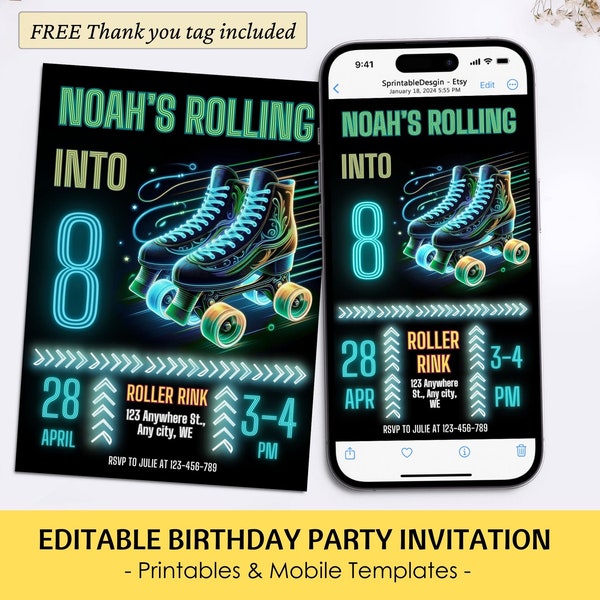 Roller Skating Birthday Invitation Boys Skate Party Invite Editable Roller Skate Birthday Template Digital Neon Glow Party Invite Download