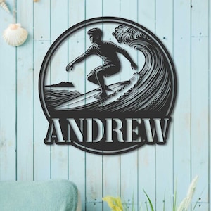 Custom Surfing Metal Sign, Surfer Sign, Surfing Metal Decor, Personalized Surfer Name Sign, Surfboard Decor, Beach House Decor