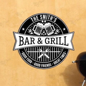Personalized Bar & Grill Metal Sign, Custom Barbeque Metal Wall Art, Smokehouse Metal Sign,  BBQ Grill Sign, Outdoor Decor, Dad Gift