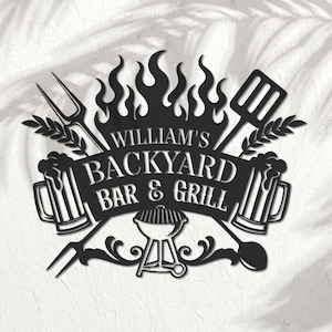 Custom Backyard Bar & Grill Metal Sign, Backyard BBQ Sign, Personalized Barbecue Sign, Outdoor Kitchen Decor, Gift for Dad