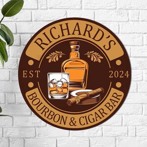 Custom Bourbon Cigar Bar Metal Sign, Bourbon Bar Sign, Cigar Sign, Wine Bar Decor, Home Bar Decor, Pub Decor, Man Cave Sign