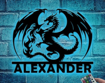 LED ライト付きカスタム ドラゴン メタル ウォール アート、ドラゴン メタル サイン、ドラゴン愛好家へのギフト、部屋の装飾、男性へのギフト、神話の装飾