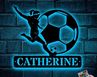Custom Female Soccer Metal Sign with LED Lights, Custom Football Player Name Sign, Girl Football Metal Sign, Gift for Her, Football Wal Art