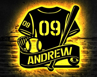 Cartello in metallo personalizzato con luce a LED, cartello con nome baseball personalizzato, decorazione murale baseball, regalo per gli amanti del baseball, regalo per lui