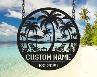 Cartello in metallo personalizzato con palma, decorazione murale estiva con palma, decorazione murale con palma, cartello personalizzato con nome di famiglia, decorazione per casa sulla spiaggia