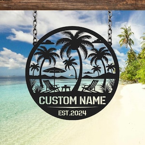 Personalized Palm Tree Metal Sign, Palm Tree Summer Wall Art, Palm Tree Wall Decor, Custom Family Name Sign, Beach House Decor