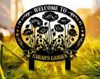 Paletto da giardino con fiori di papavero personalizzati, insegna con fiori di papavero, insegna con fiori in metallo, decorazioni da giardino, decorazioni per il cortile, regalo per giardiniere, regalo di inaugurazione della casa