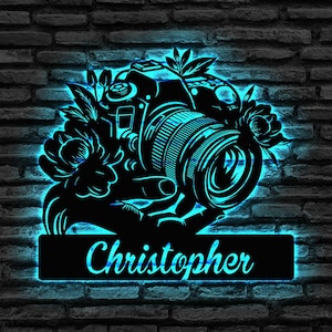 Custom Camera Metal Sign With Led Light, Custom Photographer Name Sign, Photographer Gift, Photo Studio Decor, Photography Lovers Gift