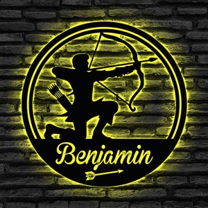 Bogenschießen Metallschild mit LED-Leuchten, Bogenschießen Metallwandkunst, Bogenschützen-Namensschild, Bogenschießen-Sportschild, Bogenschießen-Liebhabergeschenke