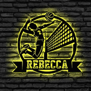 Custom Female Volleyball Metal Wall Art LED Light, Personalized Volleyball Player Name Sign, Sport Room Decor, Gift For Her