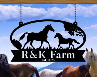 May include: Black metal sign with an oval silhouette of two horses running in a field. The sign reads "R&K Farm Est. 2024".