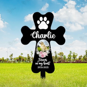 May include: Black metal cross with a paw print, a photo of a golden retriever, and the text "Charlie", "Forever in my heart", and "2016-2025".