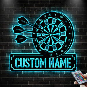 Personalized Darts Metal Sign with LED Lights, Dartboard Wall Art, Game Room Decor, Dart Lovers Gift, Bar, Garage or Man Cave Decor